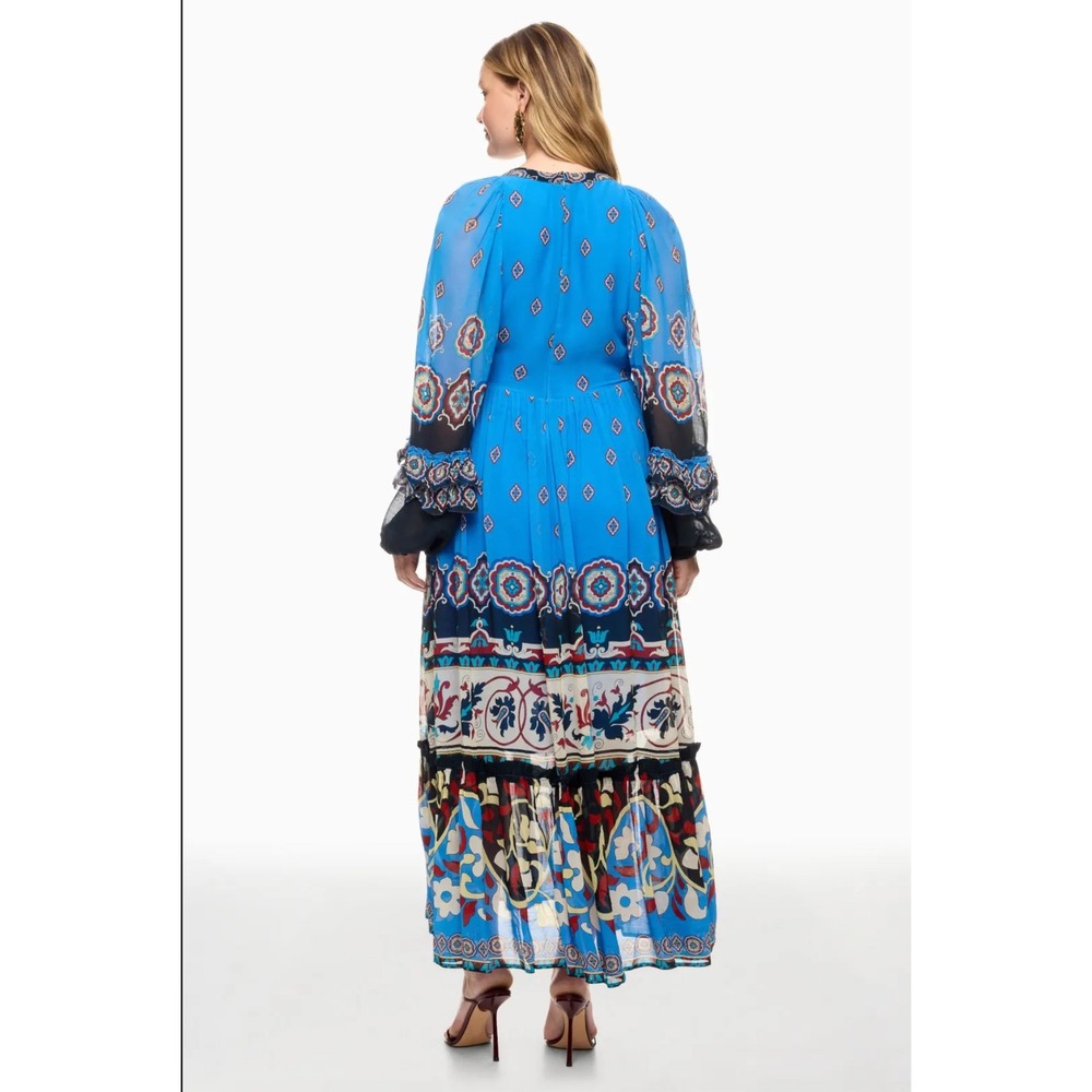 FARM Rio Ainika Tiles Maxi Dress Blue Long Sleeve V Neck Tiered Flowy - Picture 3 of 14